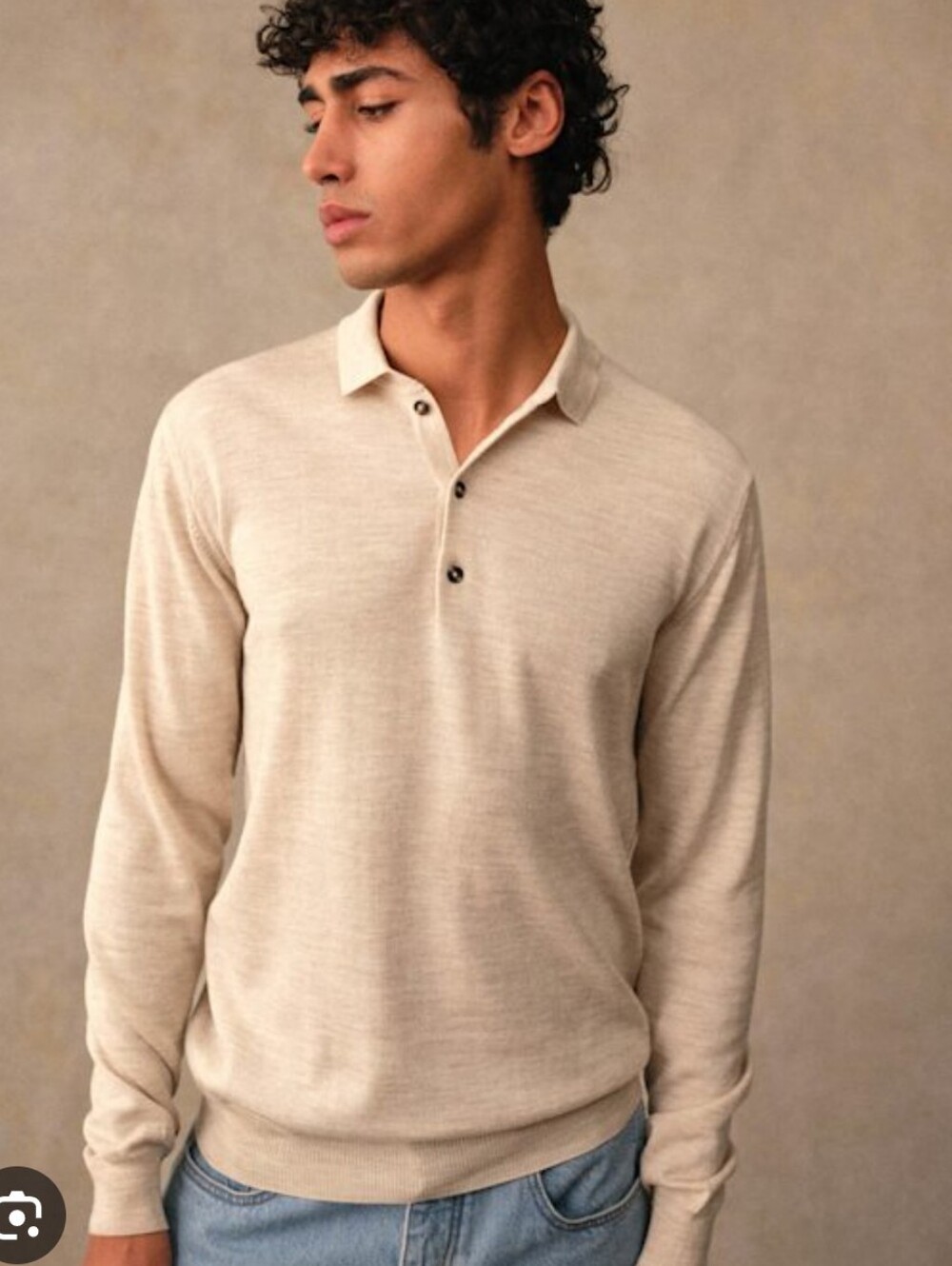 Beige Merino Polo Sweater Mottled Beige Cream Men's Mike Sweater Wool  Large